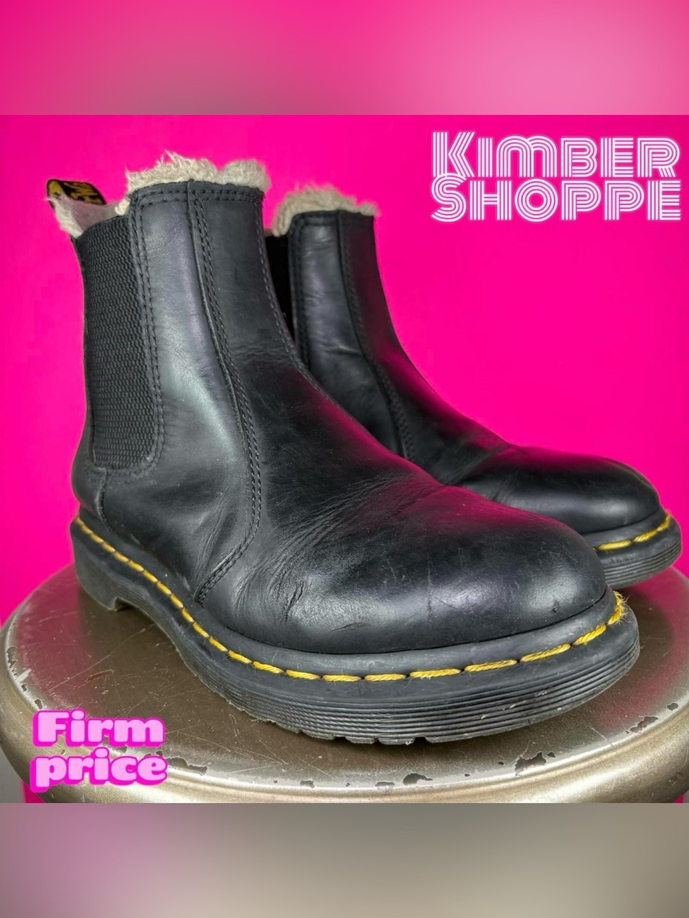 Dr. Martens Leonore Black Leather Faux Fur Lined Chelsea Boot US 7 UK 5 EU 38